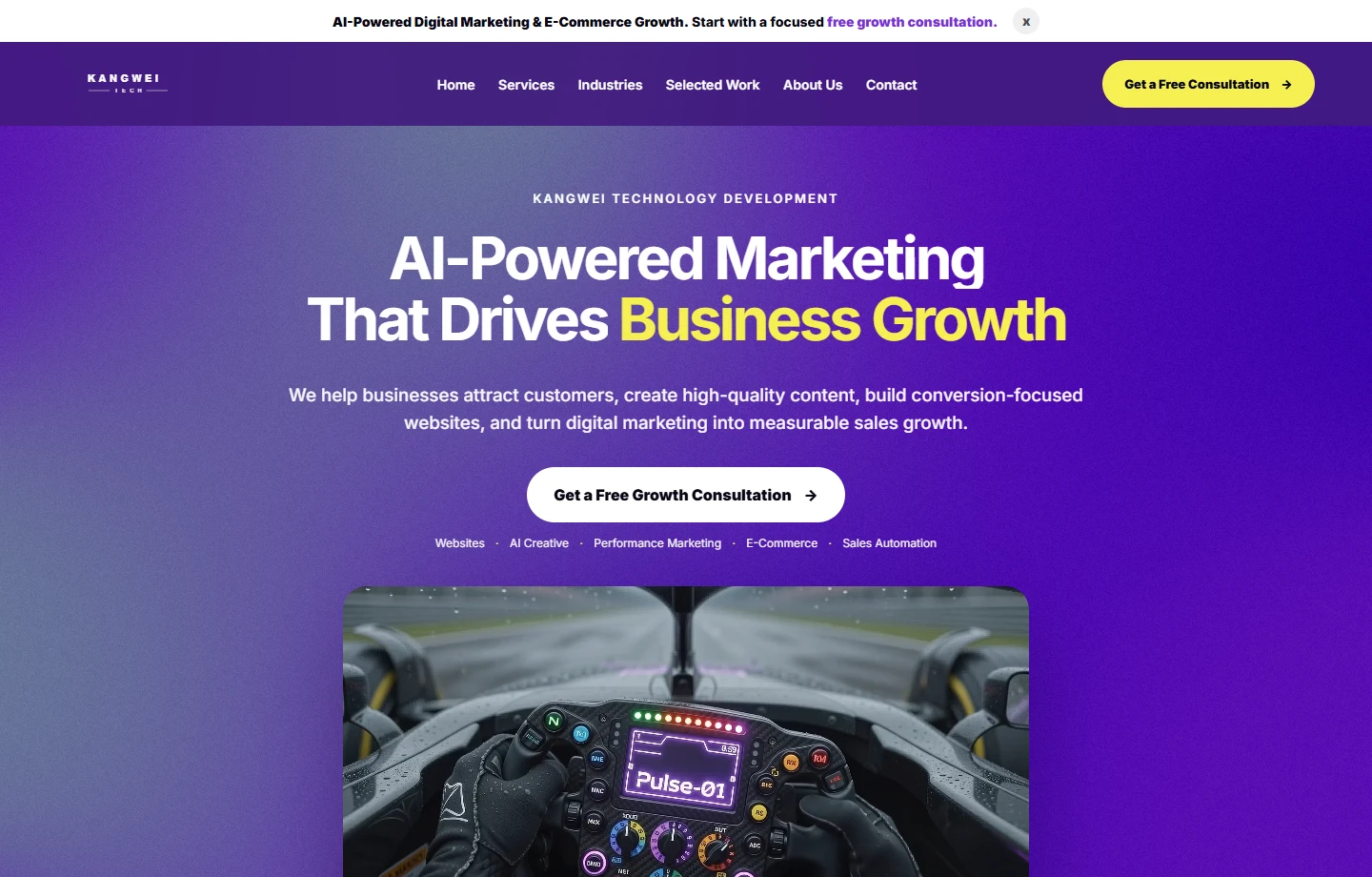 Kangwei's website, with its headline, service positioning and consultation link