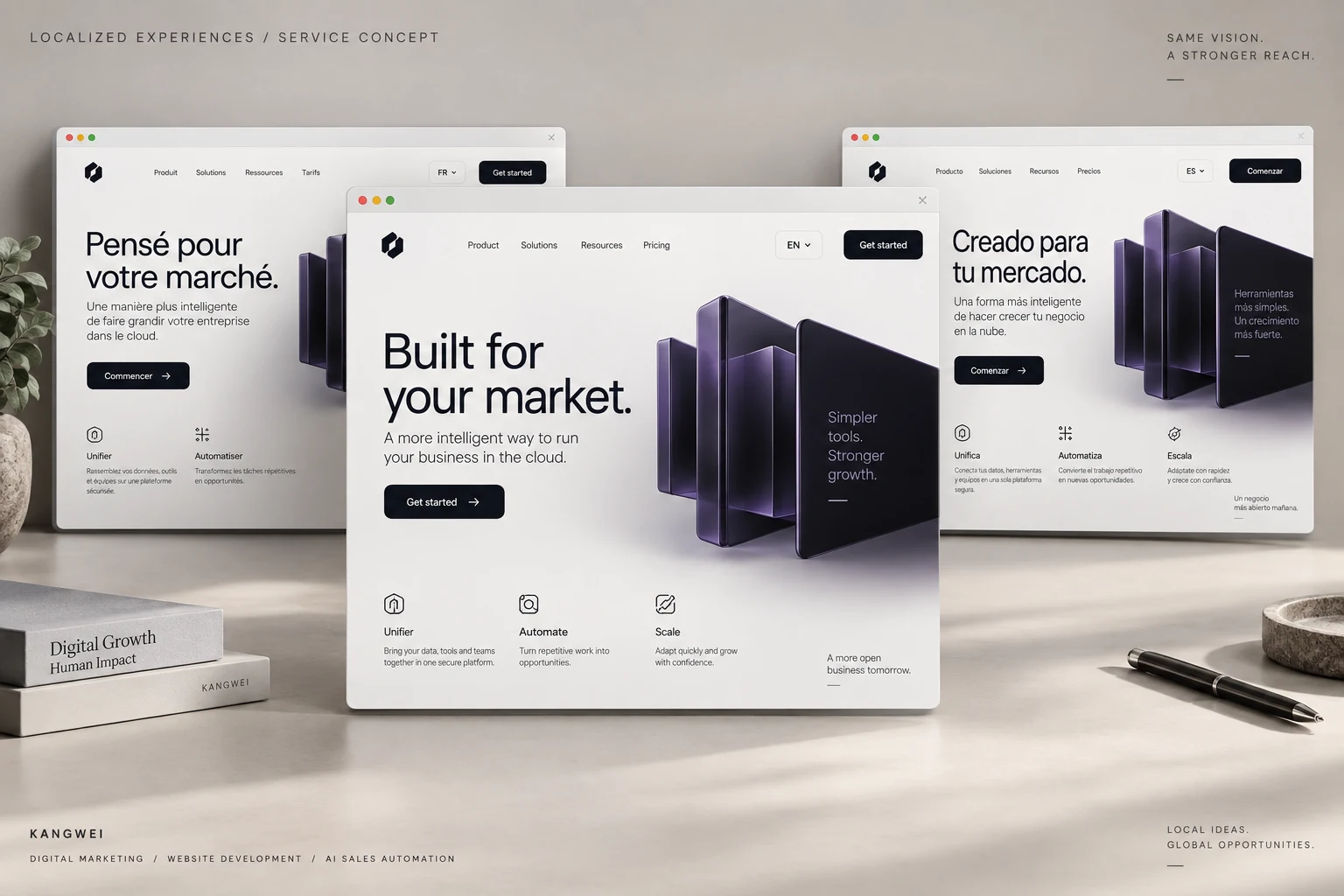 Illustrative localized landing-page concepts adapting a shared offer for different customer markets.