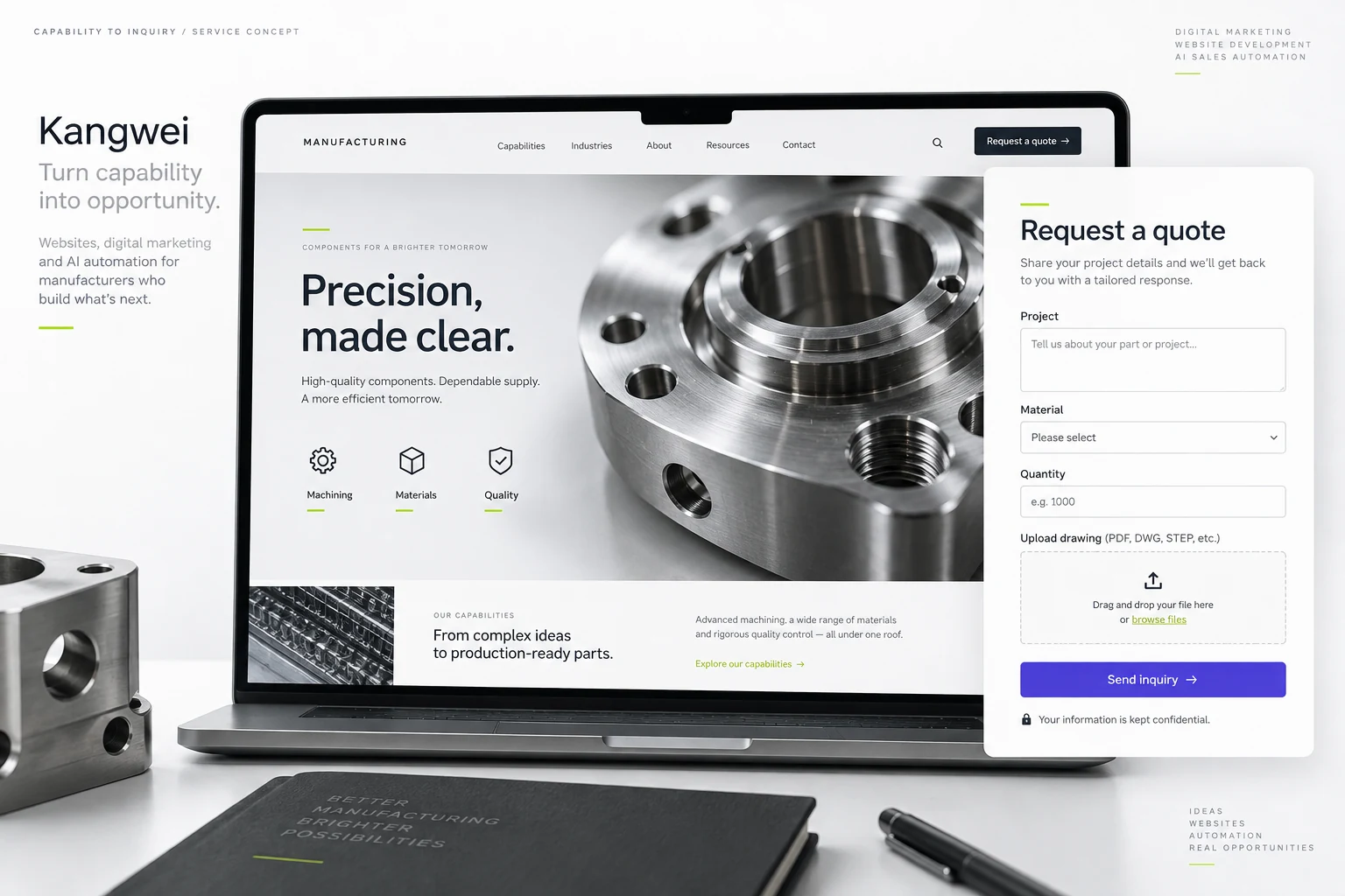 Illustrative B2B capability-website concept with a request-for-quotation journey for manufacturing buyers.