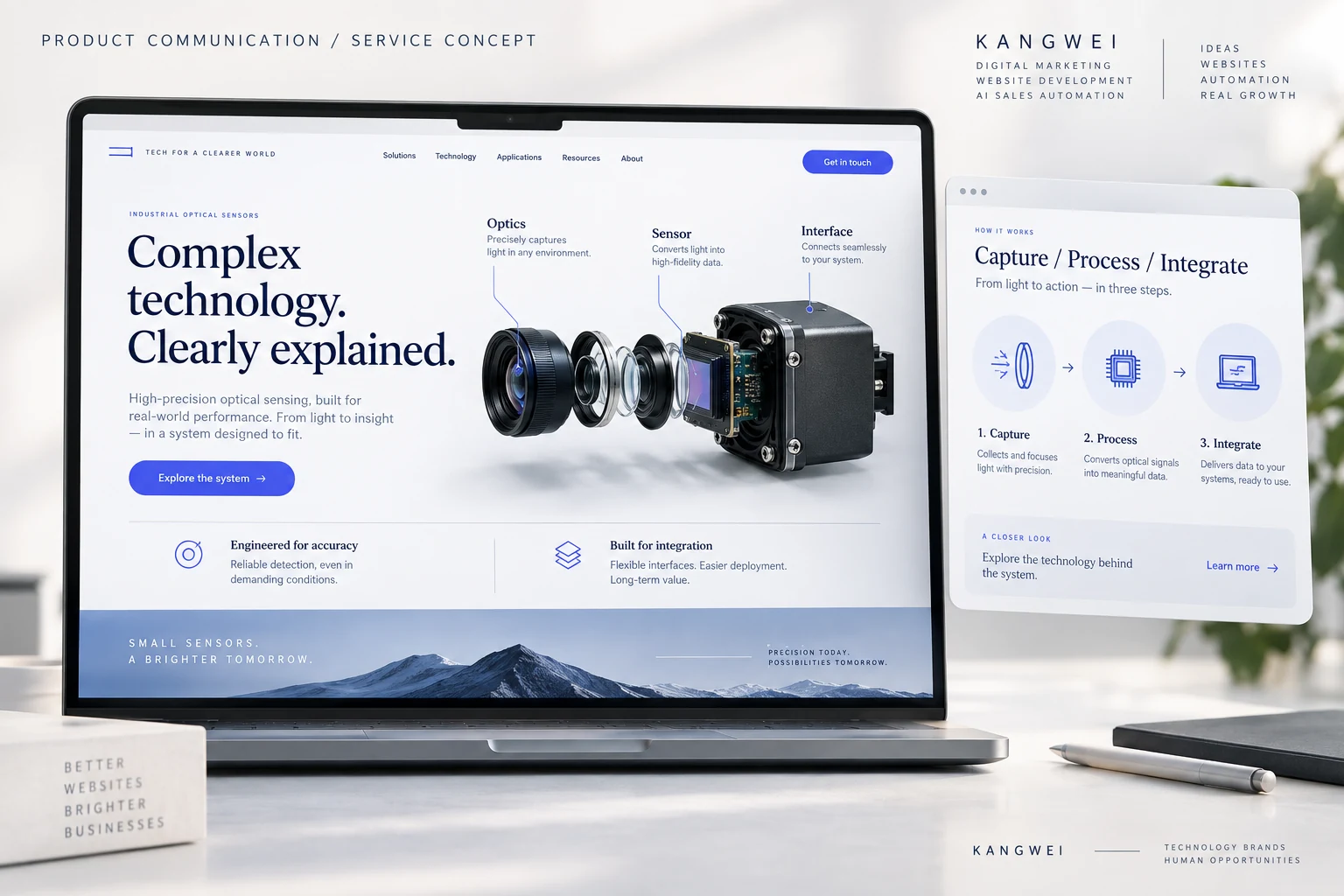 Illustrative technical-explainer landing-page concept that makes a complex product easier to understand.